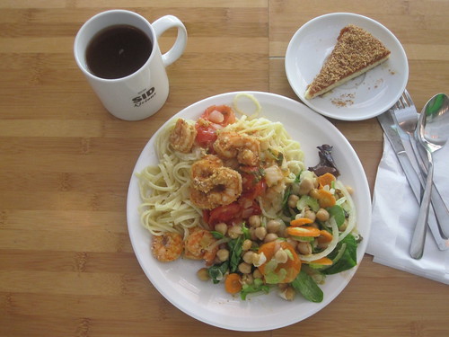 Linguini in white wine sauce with shrimps and tomatoes, salad, coconut flan, ice tea from the bistro - $6