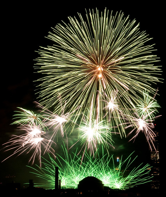 green fireworks over MIT dome