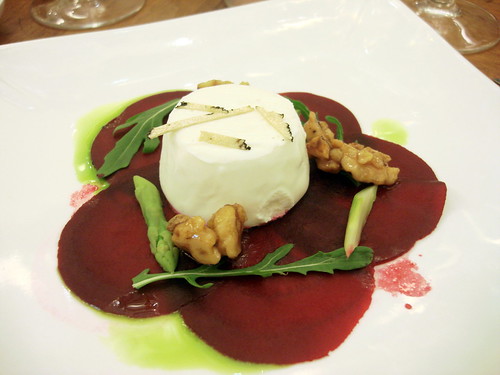 Carpaccio of Beetroot with Goats‟ Curd Panne Cotta, Asparagus and a Truffled Walnut and Honey Dressing