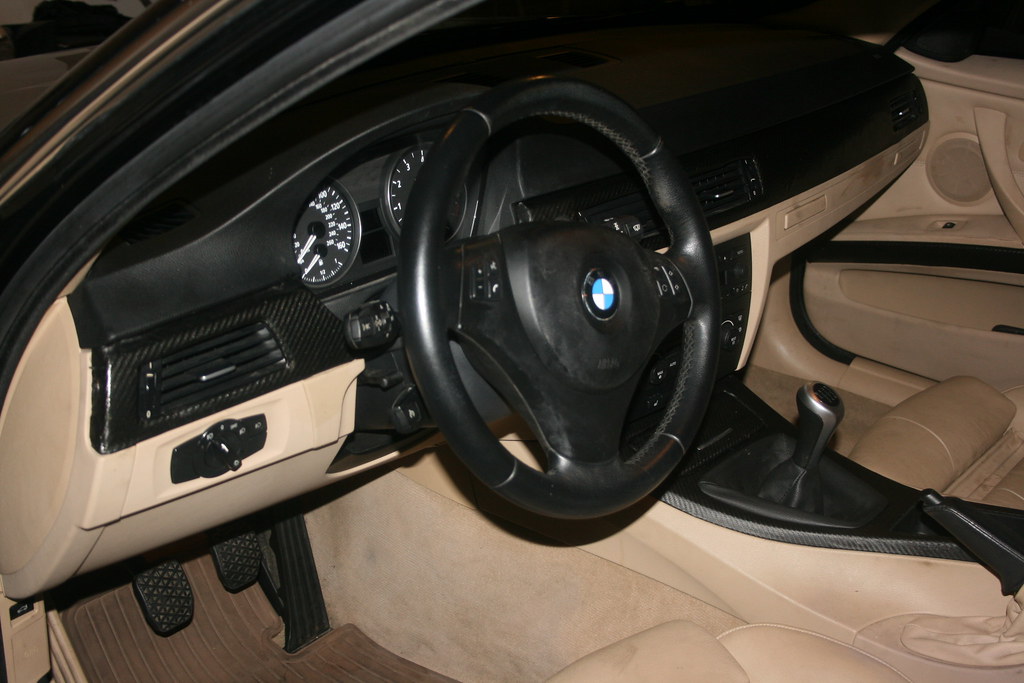 CF Trim Vinyl Wrap on beige/poplar wood interior - BMW 3-Series