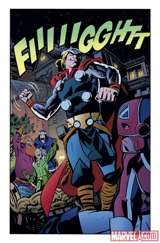 Arte de Chris Samnee para Thor: The Mighty Avenger 4. O Deus do Trovão se estranha com o Capitão Britânia.