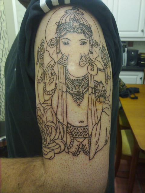 Had most of the linework done on my Ganesh tattoo, all done in one (rather 