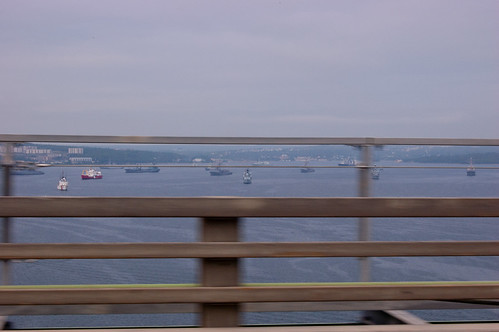 Bedford Basin, as seen from the MacKay bridge. I wanted to stop because an international naval fleet was in town for the Queen, but stopping on the bridge seemed imprudent. Thus the flyby and really not very good shot.
