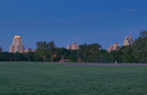 View of the Central West End high-rise buildings, from Forest Park, in Saint Louis, Missouri, USA