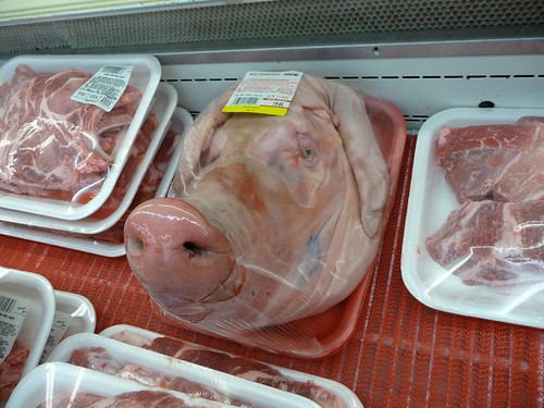 pig head in the meat case