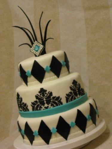 teal and black 3 tiered wedding cake 011