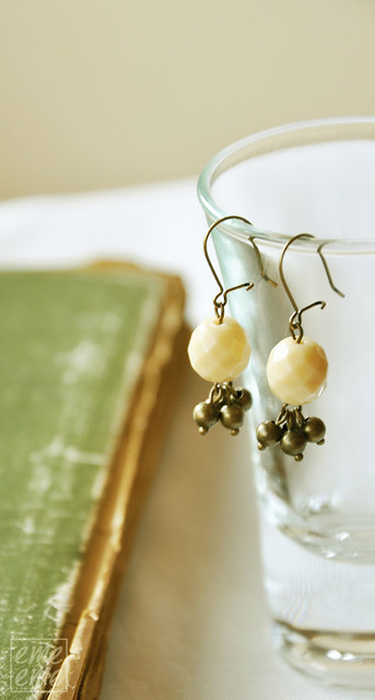  Creme color faceted glass bead and antique gold-plated brass earrings