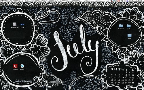 Computer wallpaper for July featuring black background and white and light blue doodling as well as places to put your icons.