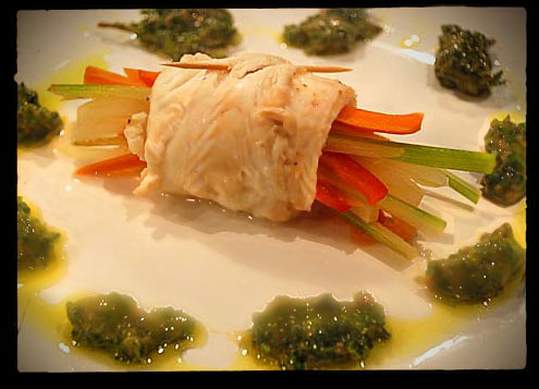 Plaice wrapped vegetables with Salsa Verde