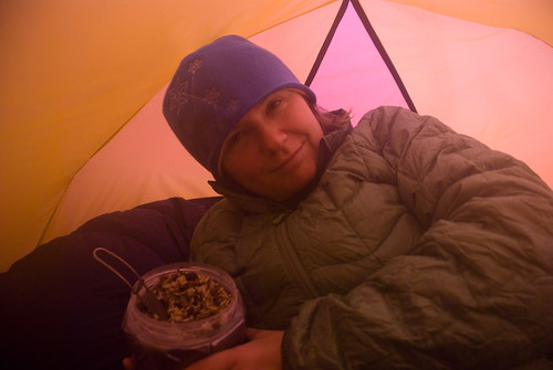 hiding in the tent from the rain