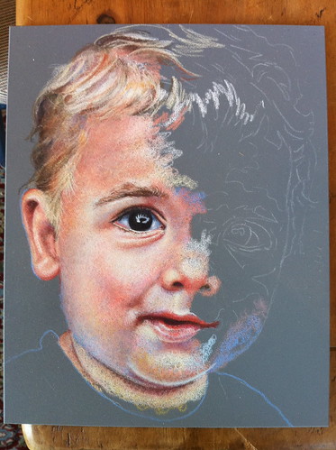 In progress colored pencil portrait entitled Emre at 16 Months