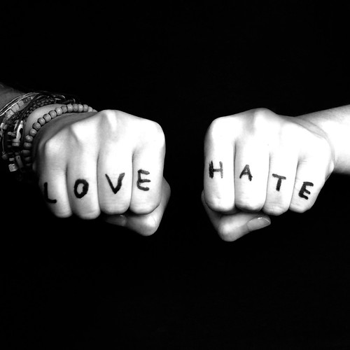 B&W Ink · Love & Hate Tattooed Across The Knuckles Of Her Hands 