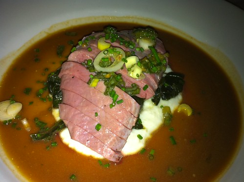 Slow Cooked Duck Breast with Creamed Hominy, Dino Kale and Marinated Spring Onions