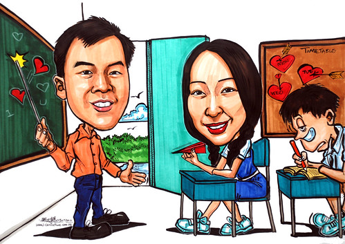 Teacher and student caricatures in a classroom