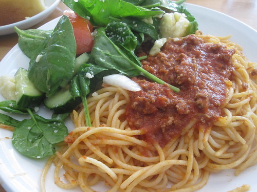 Spaghetti with meat sauce, salad, lemon pound cake from the bistro - $6