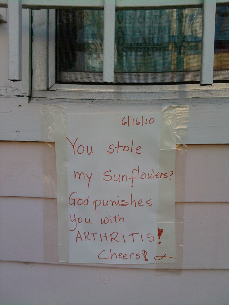 You stole my sunflowers? God punished you with ARTHRITIS! Cheers!