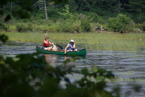 Judy and Eliza and Juniper in the canoe