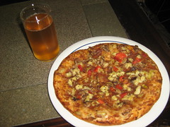 Vegan pizza and applce juice