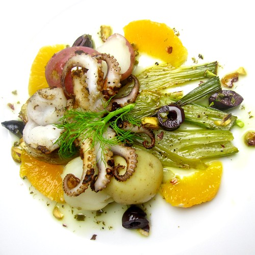 Grilled Baby Octopus Salad with Roasted Fennel, Olives, Citrus and Pistachios