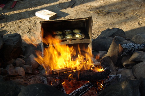 blueberry muffins, campfire, reflector oven