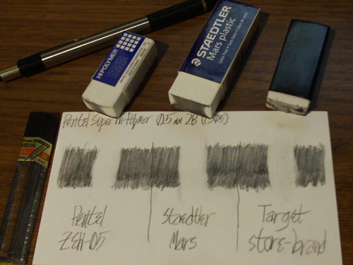 Comparison with 2B lead. The ZEH-05 is dirty in the middle; the Staedtler Mars is about equally dirty over a larger surface; the Target store-brand eraser is about as dirty as before.