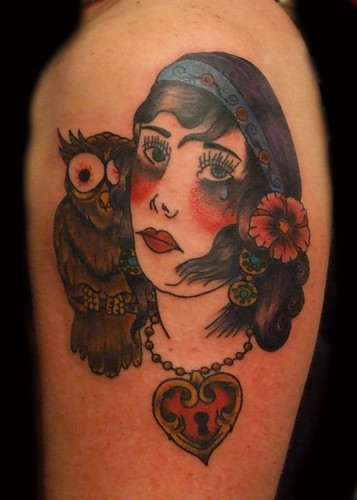 Old School Gipsy Woman and Owl Tattoo Paulo Madeira