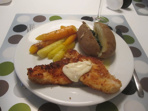 lemon fried chicken, garden carrots, baked potato with dill butter