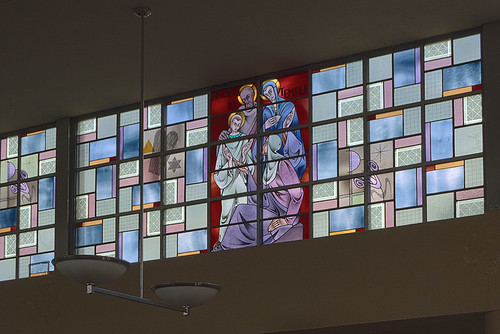 Saint Martin of Tours Roman Catholic Church, in Lemay, Missouri, USA - stained glass window of the Finding of Jesus in the Temple