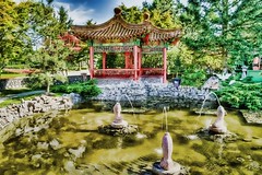 Pond in Chinese Buddhist Temple Garden HDR