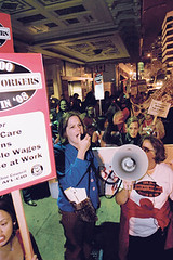 TNG-CWA activist Sara Steffens rallies supporters during campaign to organize Bay Area newspapers.