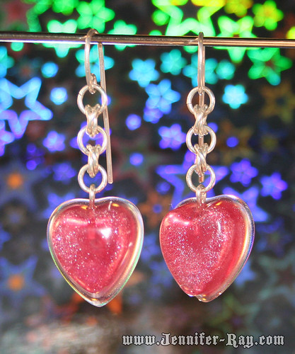 Bubble Gum Pink Heart Earrings - Resin and Chainmail Sterling Silver Earrings