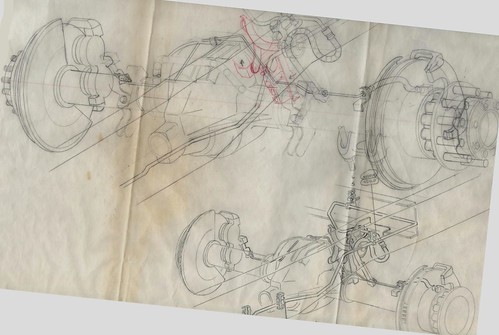 Layout (Sketch) of Hydraulic System. This is the early stage of a brake system I was working on at Ford. Art like this would later be traced on to a mylar
