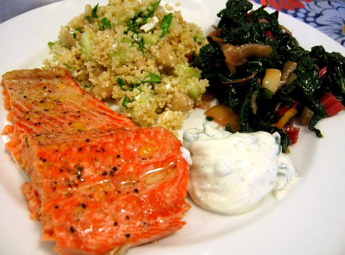 Wild Salmon with Couscous, Cucumber, Chickpeas, Feta, and Parsley and Sautéed Rainbow Chard