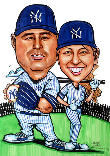 Yankees couple baseball player caricatures