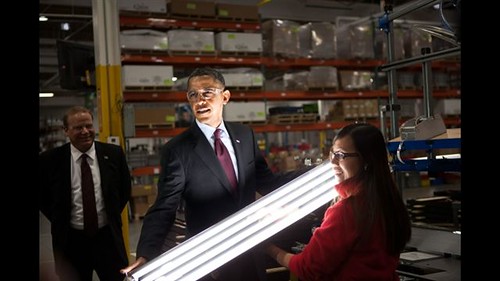 President Barack Obama watches as an operator demonstrates the final stage of light fixture assembly during a tour of Orion Energy Systems, Inc in Manitowoc, Wisc., Jan. 26, 2011. (Official White House Photo by Samantha Appleton) 