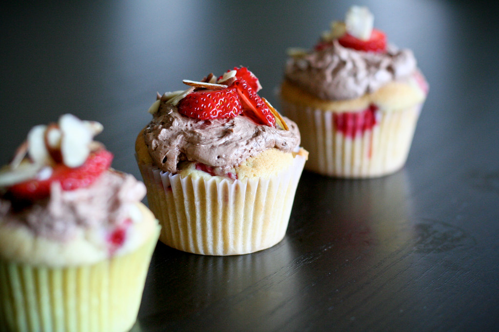 Strawberry Cupcakes with Chocolate Almond Frosting