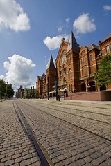 wonderful photo of old streetcar tracks still in place in front of Cincinnati Music Hall (by: Gordon Bombay, Queen City Discovery)