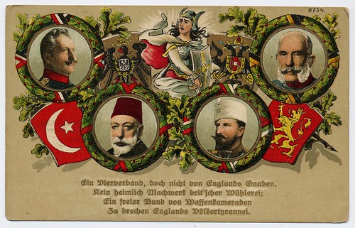 world war i propaganda images. Emperor Wilhelm II of Germany, Emperor Franz Joseph I of Austria-Hungary, Sultan Mehmed V of Turkey and Tzar Ferdinand I of Bulgaria on the WWI propaganda