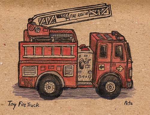 Above a toy fire truck drawn in my brown paper book