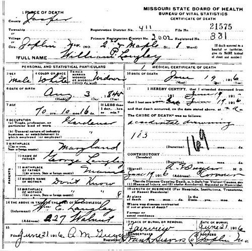 William Langley's Death Certificate