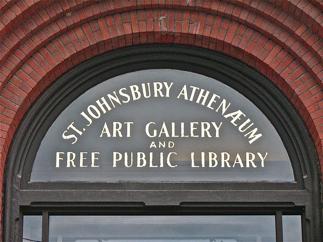 St Johnsbury Athenum (1871)  above door signage by origamidon