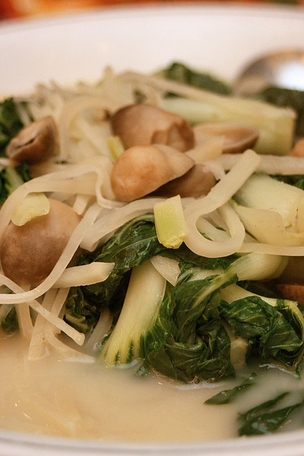 Nai bai (a type of chinese cabbage) with straw mushrooms in fish broth