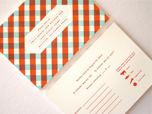  modern design and red and vintage blue colors The RSVP cards