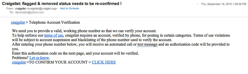 Phishing Email Pretending to be Craigslist