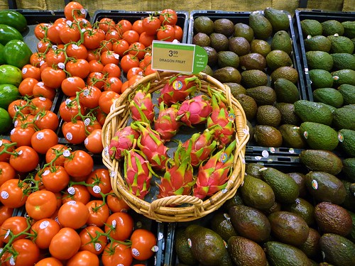 Dragon Fruit, tomatoes on vine, avocado