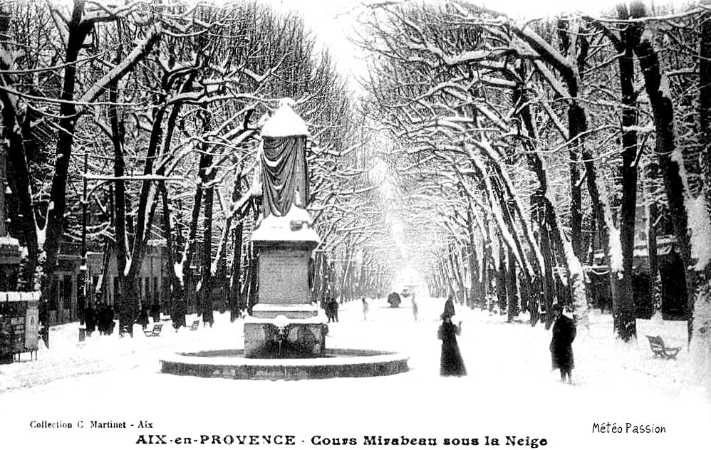 cours Mirabeau à Aix en Provence sous la neige en janvier 1914