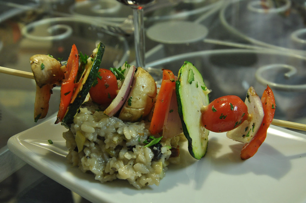risotto and veggie kebabs