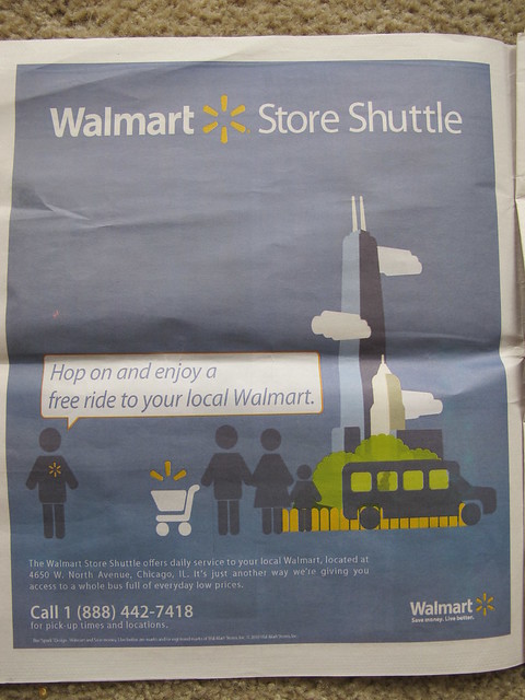 Advertisement for a shuttle to a West Side Walmart store in Chicago. The ad appeared in the September 1 edition of The Voice, a Garfield/Lawndale paper.