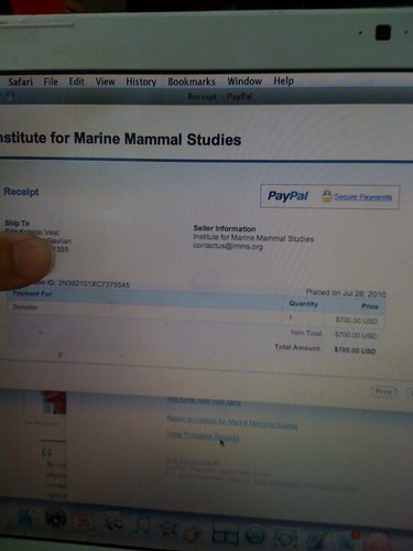 $700 donation to the Institute for Marine Mammal Studies