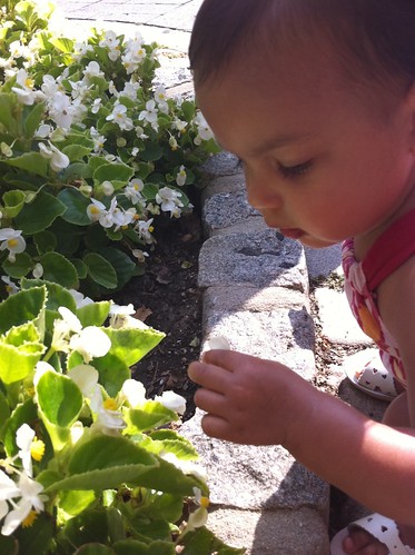 Laila smelling flowers